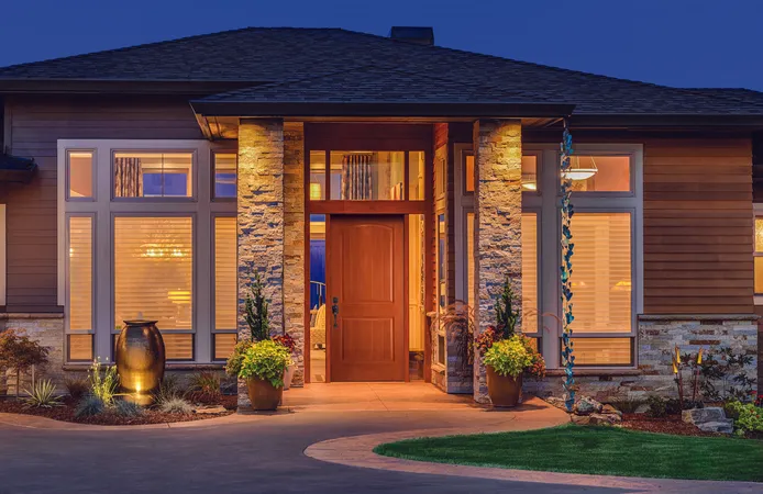 Woodgrain shaker style entry door on a contemporary home