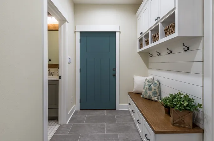 Brushed smooth fiberglass entry door, in a  3-panel flat shaker style