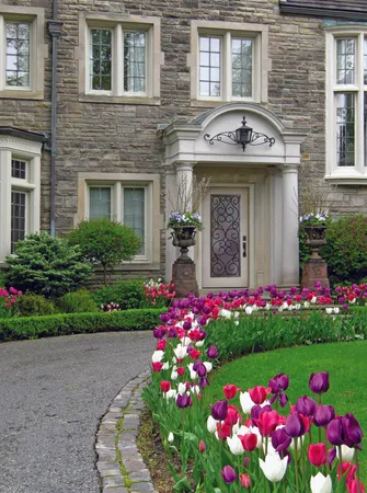 White smooth entry door with full lite wrought iron frame on a home with stone veneer