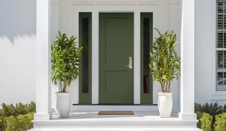 8 foot tall brushed smooth fiberglass exterior door, in a 2-Panel Flat Shaker style, prefinished in a custom color
